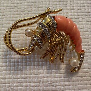 Vintage Unsigned Hattie Carnegie Crustacean Coral, Rhinestone & Pearl Brooch